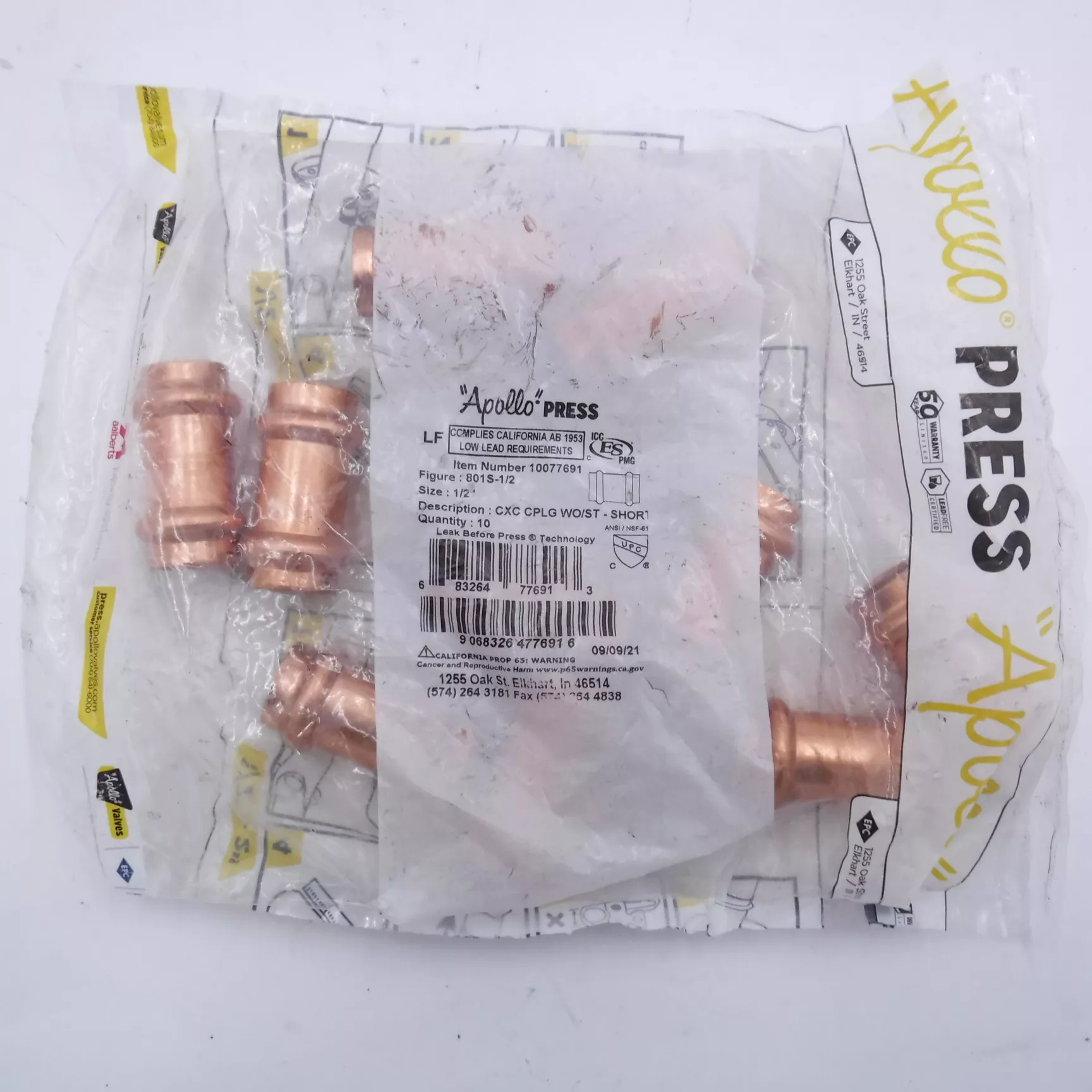 10 Pack Apollo Press 1/2″x1/2″ Short Copper Press Coupling10077691