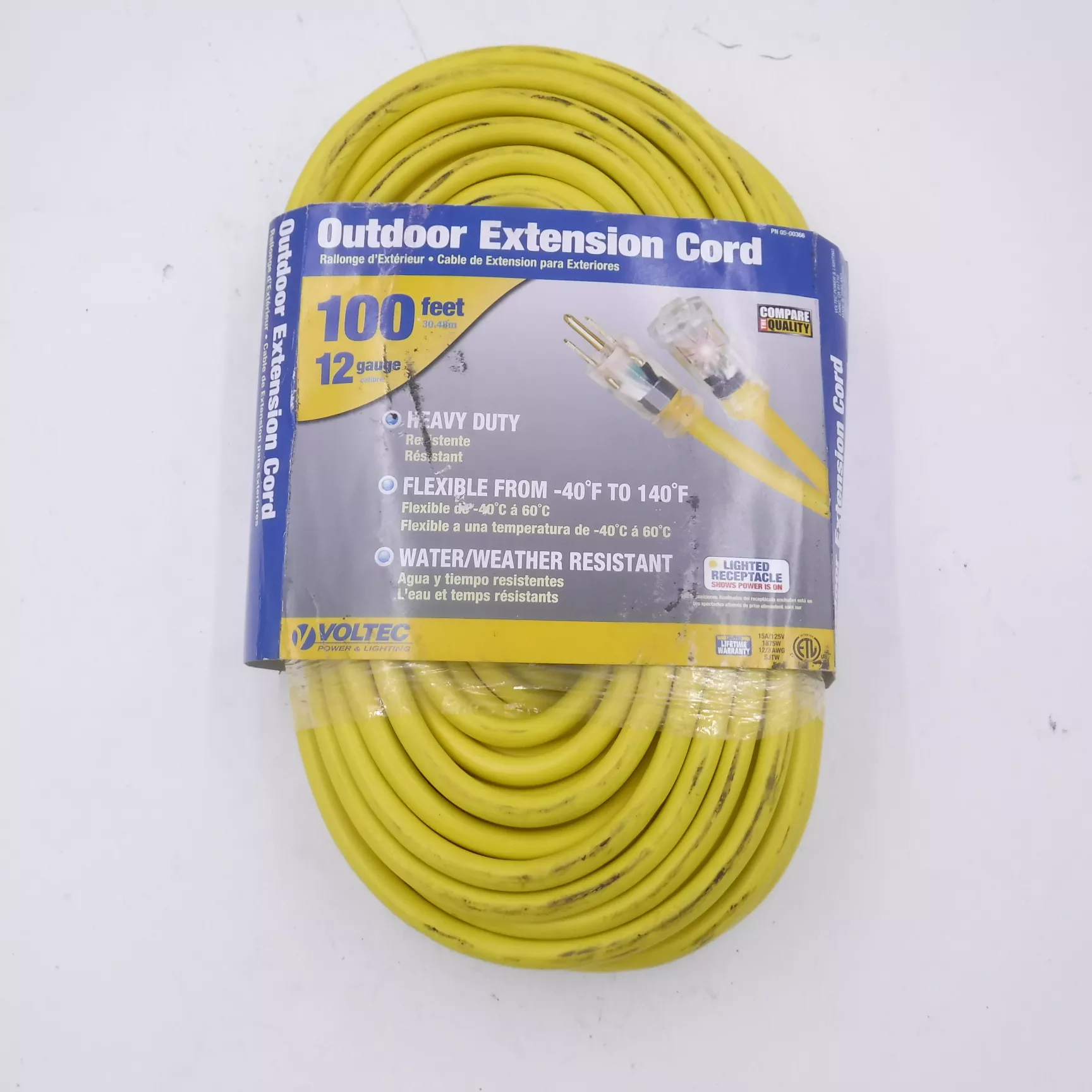 100′ Voltec 12 Gauge Outdoor Extension Cord 3 Conductor Lighted Ends SEE DESC