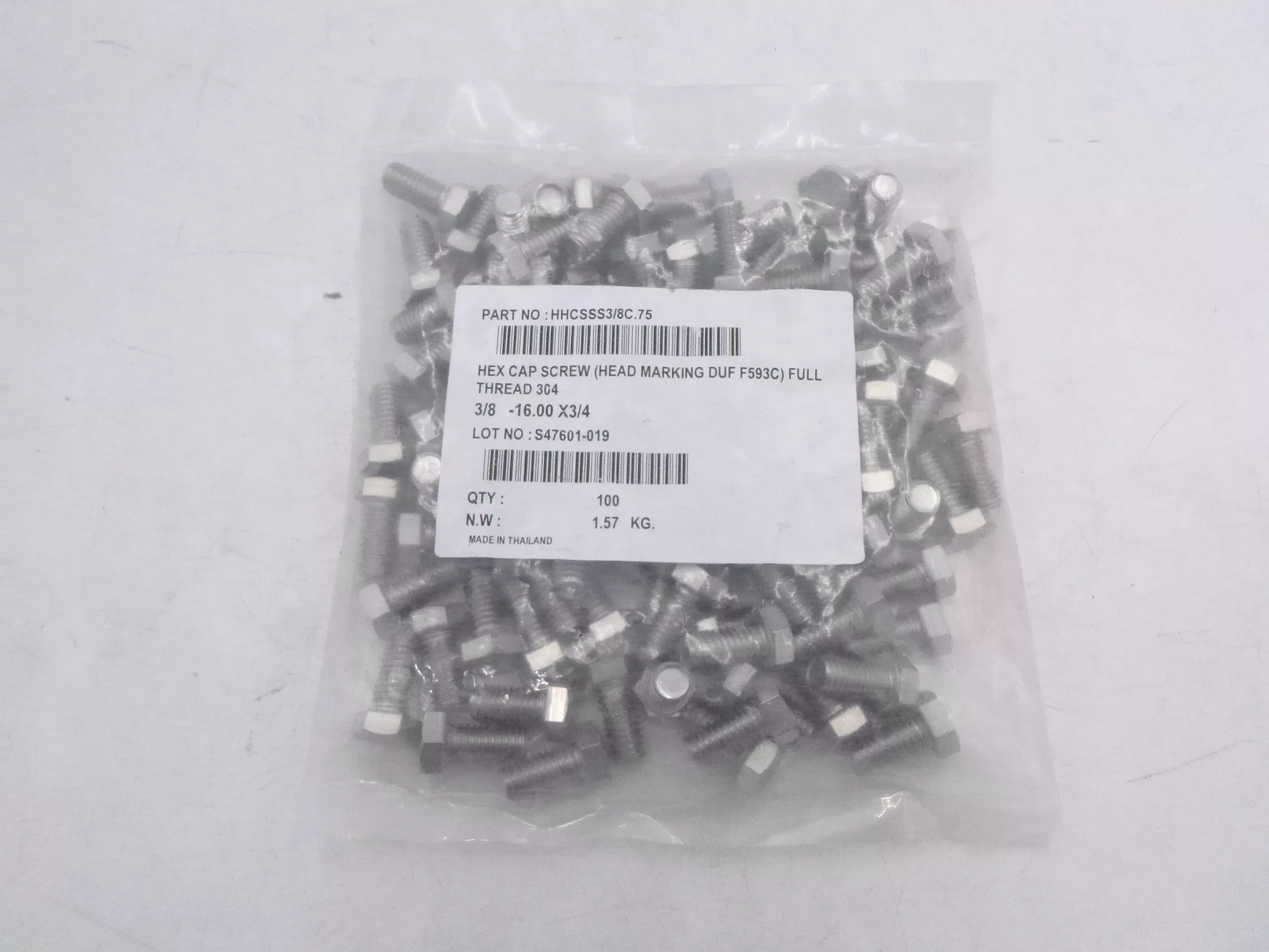 100Pk Hex Cap Screw Full Thread 3/8″-16 X3/4″ C/S 304 STAINLESS ABP F593C