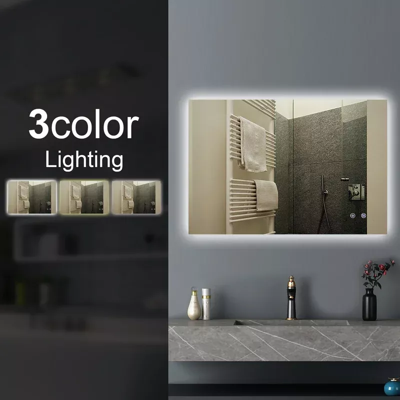 1200*800mmSharp Edge 3 Color Lighting Backlit LED Mirror Touch Sensor Switch Defogger Pad Wall Mounted Vertical or Horizontal
