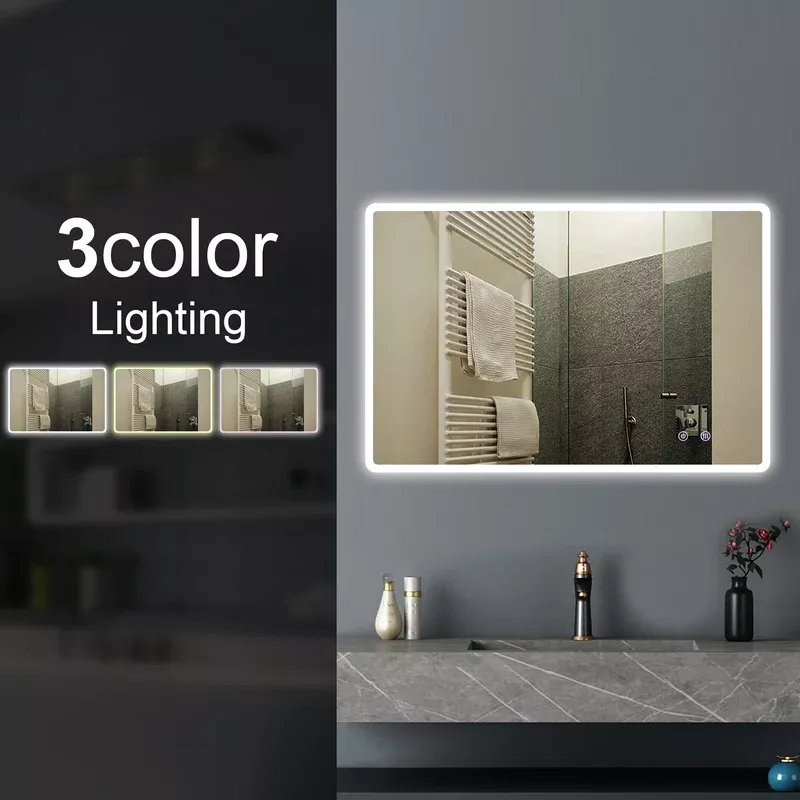 1200x800mm Curved Rim Rectangle 3 Color Lighting LED Mirror Touch Sensor Switch Defogger Pad Wall Mounted Vertical or Horizontal