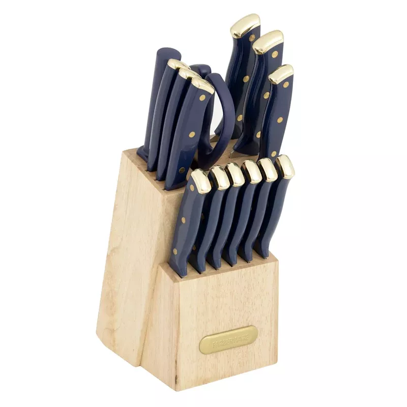 15-Piece Navy & Gold Handle Triple Riveted Knife Block Set