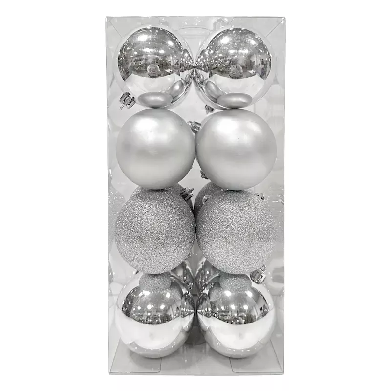 16-Count Silver Mix Shatterproof Ornaments, 70mm
