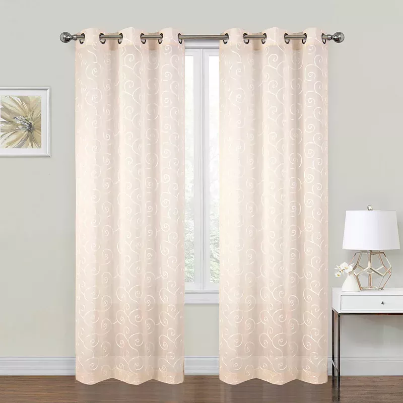 2-Pack Blush Embroidered Scroll Grommet Curtain Panels, 84"