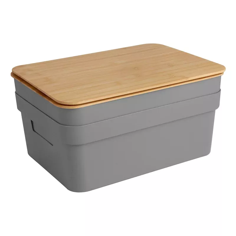 2-Pack Grey Storage Bin with Bamboo Lid, 8.5l