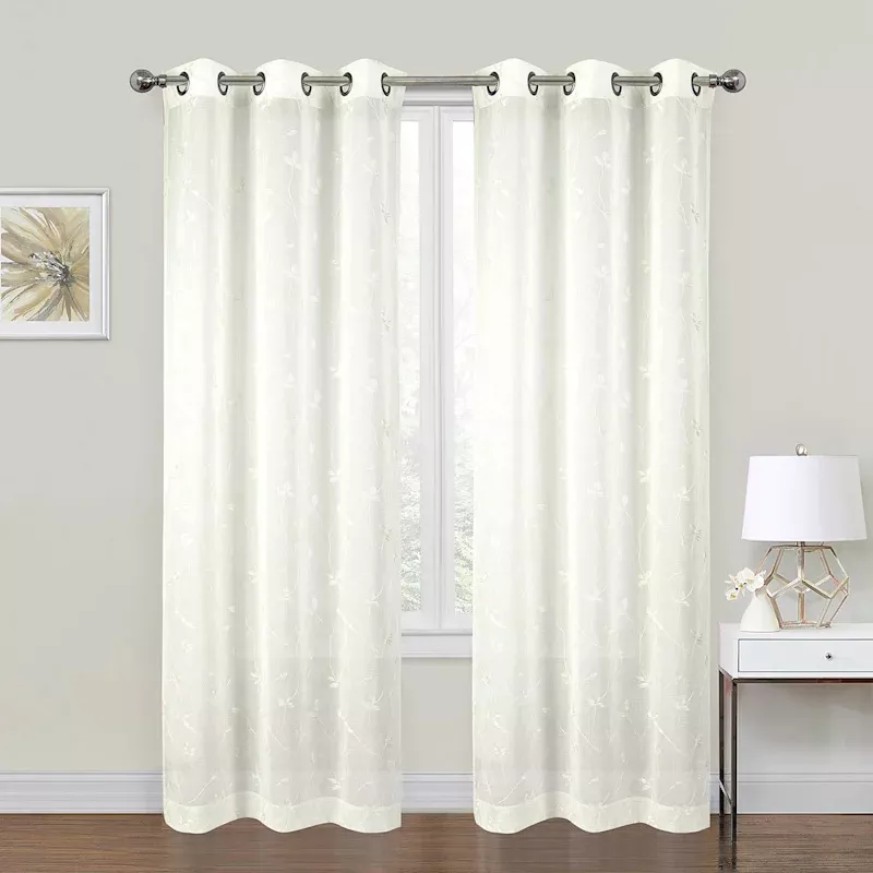 2-Pack Ivory Embroidered Leaf Sheer Grommet Curtain Panels, 84"