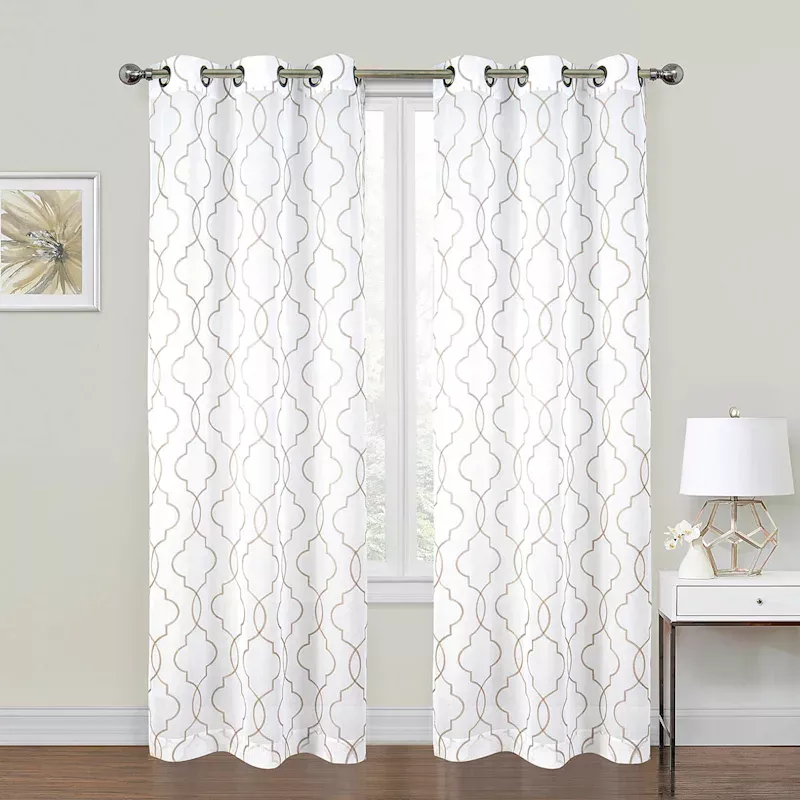 2-Pack Metallic Embroidered Geo White Grommet Curtain Panels, 63"