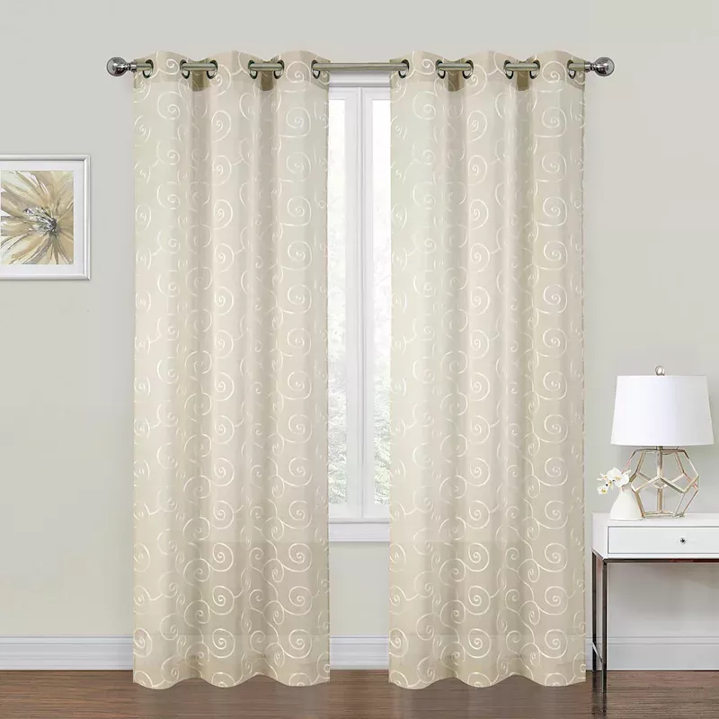 2-Pack Natural Embroidered Scroll Grommet Curtain Panels, 84"