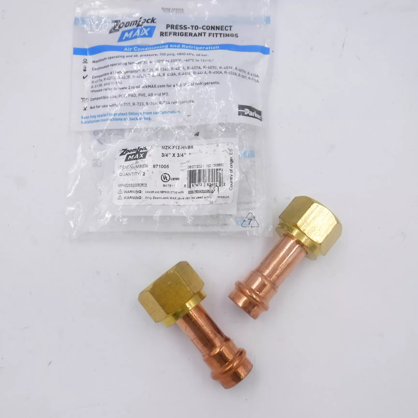 2 Pack Parker MZK-F12-HNBR 3/4″ Copper ZoomLock MAX SAE Flare Fittings