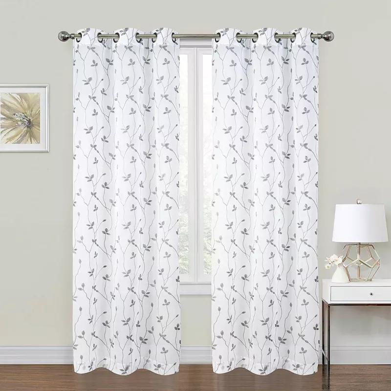 2-Pack White & Grey Embroidered Leaf Sheer Grommet Curtain Panels, 84"