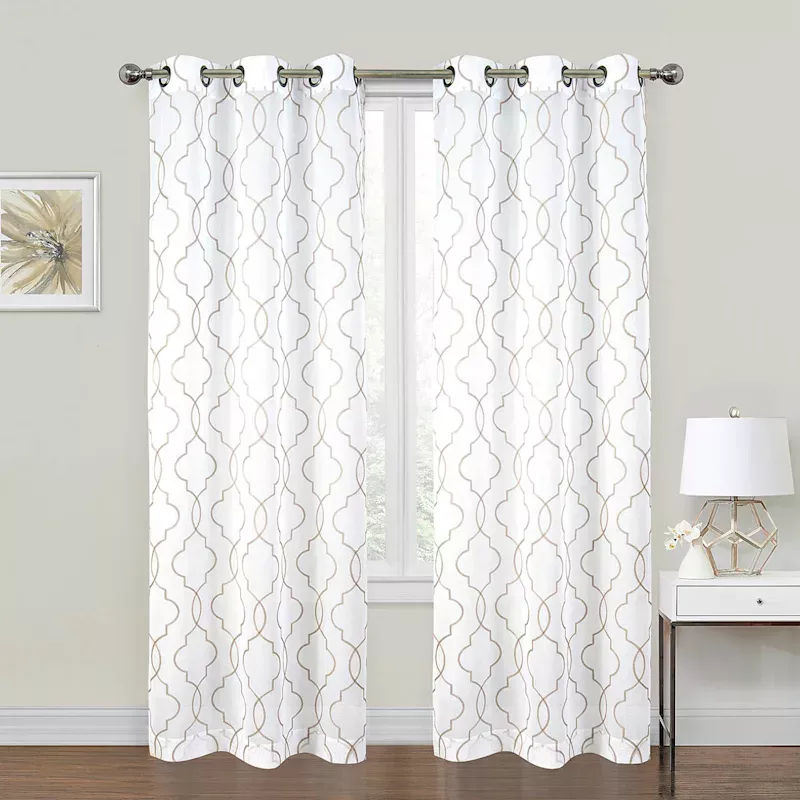 2-Pack White & Linen Metallic Embroidered Geo Grommet Curtain Panels, 84"