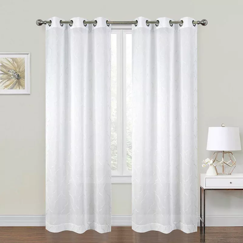 2-Pack White Metallic Embroidered Geo Grommet Curtain Panels, 84"