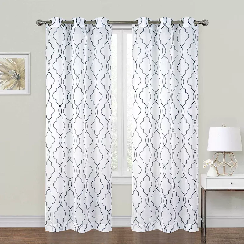 2-Pack White & Navy Metallic Embroidered Geo Grommet Curtain Panels, 84"