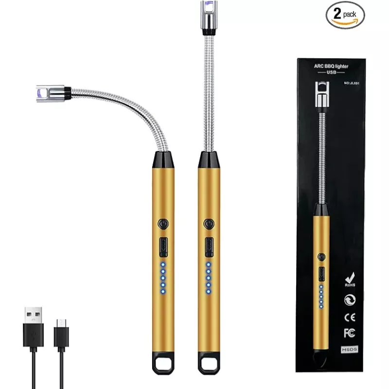 2 PCS Candle Lighter, Lighters for Candle Arc Windproof Flameless with 360 Flexible Neck & LED Power Display, Electric Lighter for BBQ, Grill, Camping, Fireplace, Stove(Gold)