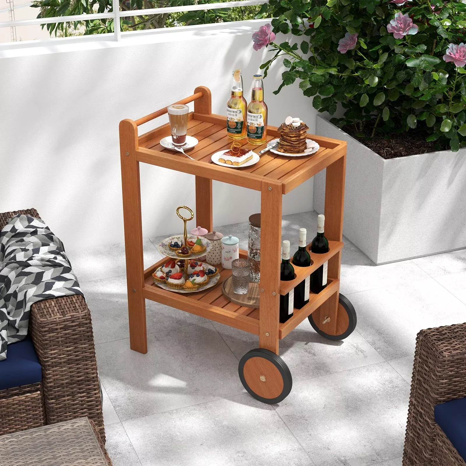 2 Tier Rolling Serving Cart with Wine Bottle Holders and 2 Rubber Wheels