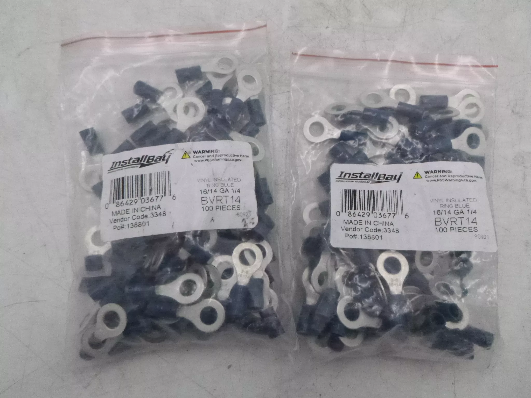 200 Pack Install Bay BVRT14 Vinyl Insulated Ring ConnectorsBlue 16/14 GA 1/4