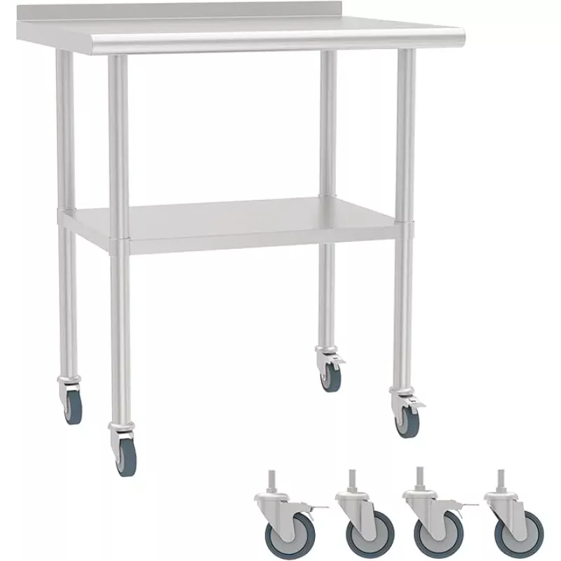 24×30 Inch Stainless Steel Work Table with Backsplash and Undershelf, Casters, Commercial Prep Table, Heavy Duty Kitchen Workbench, NSF Certified