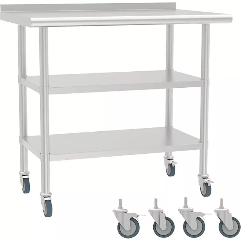 24×36 Inch Stainless Steel Work Table with Backsplash, Double Undershelves and Casters, Commercial Prep Table, Heavy Duty Kitchen Workbench, NSF Certified, Rust & Scratch Resistant