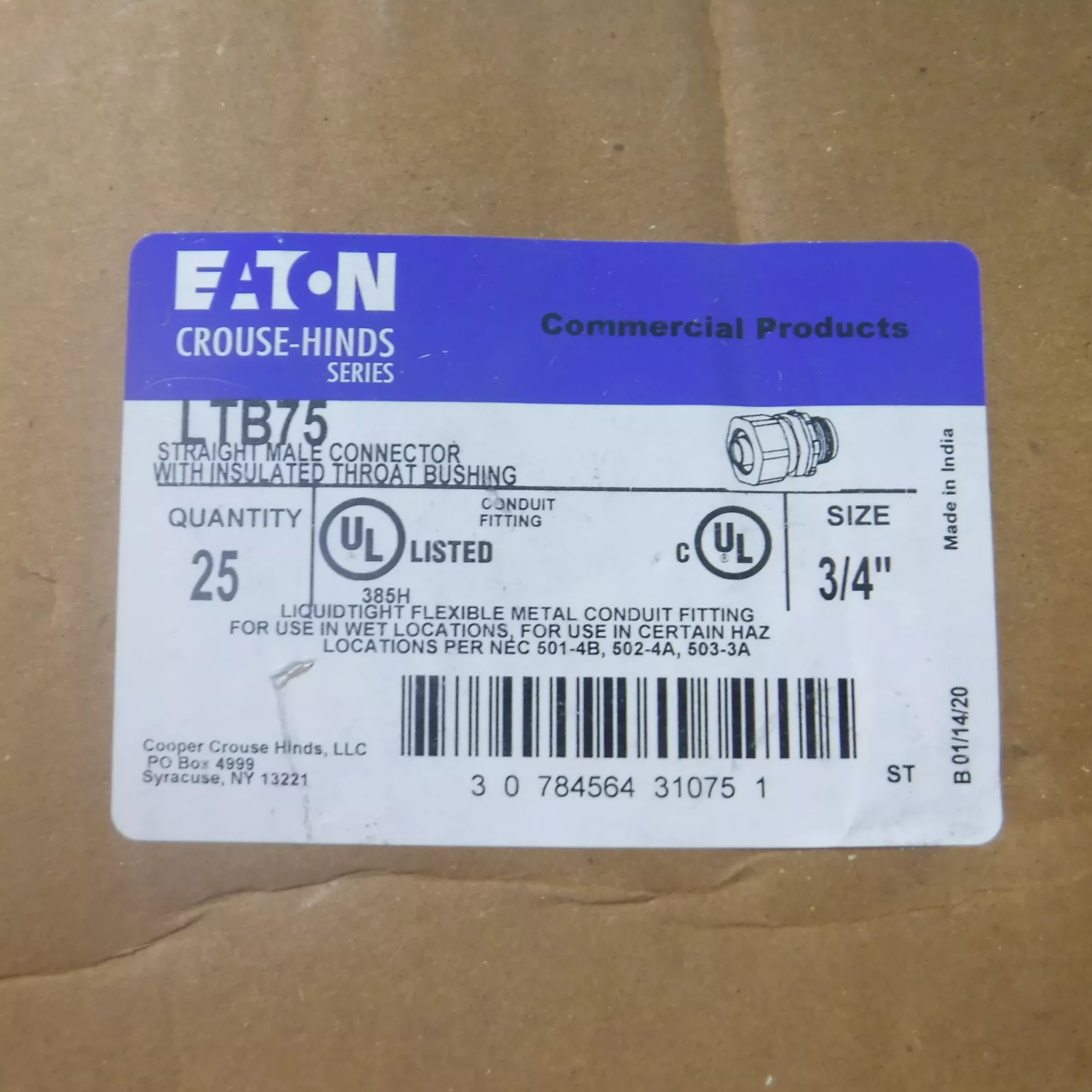25 Pack Eaton Crouse-Hinds 3/4″ Insulated Liquid-Tight Grounding Connectors