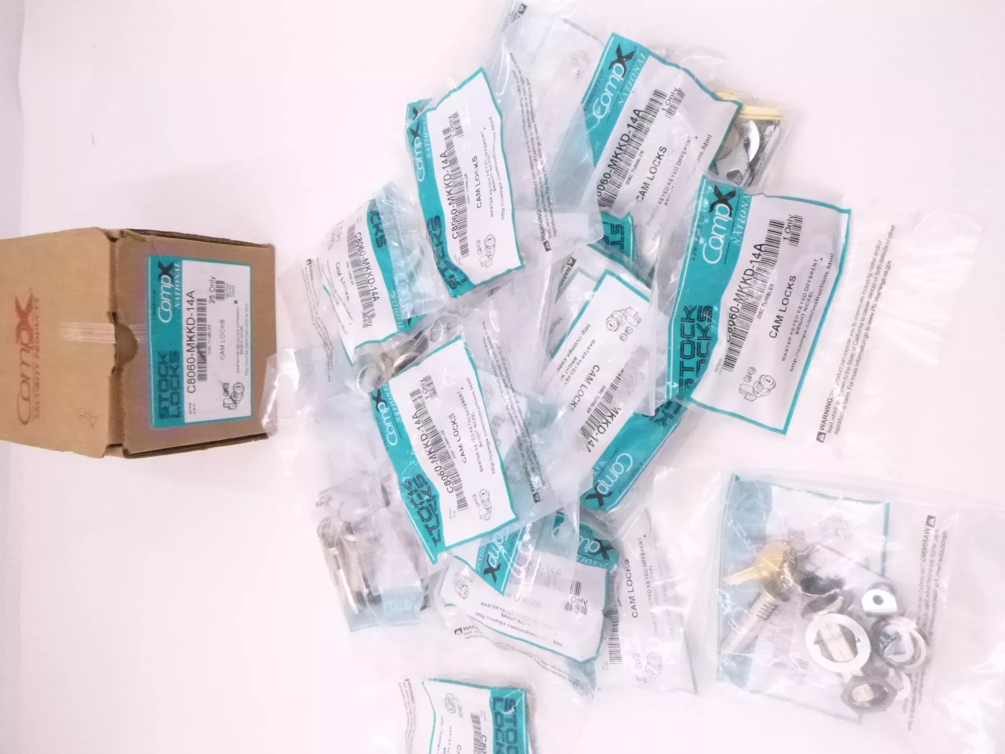 25 PK Stock Locks Standard Keyed Cam LockCompX Stock C8060-MKKD-14ABright Nickel