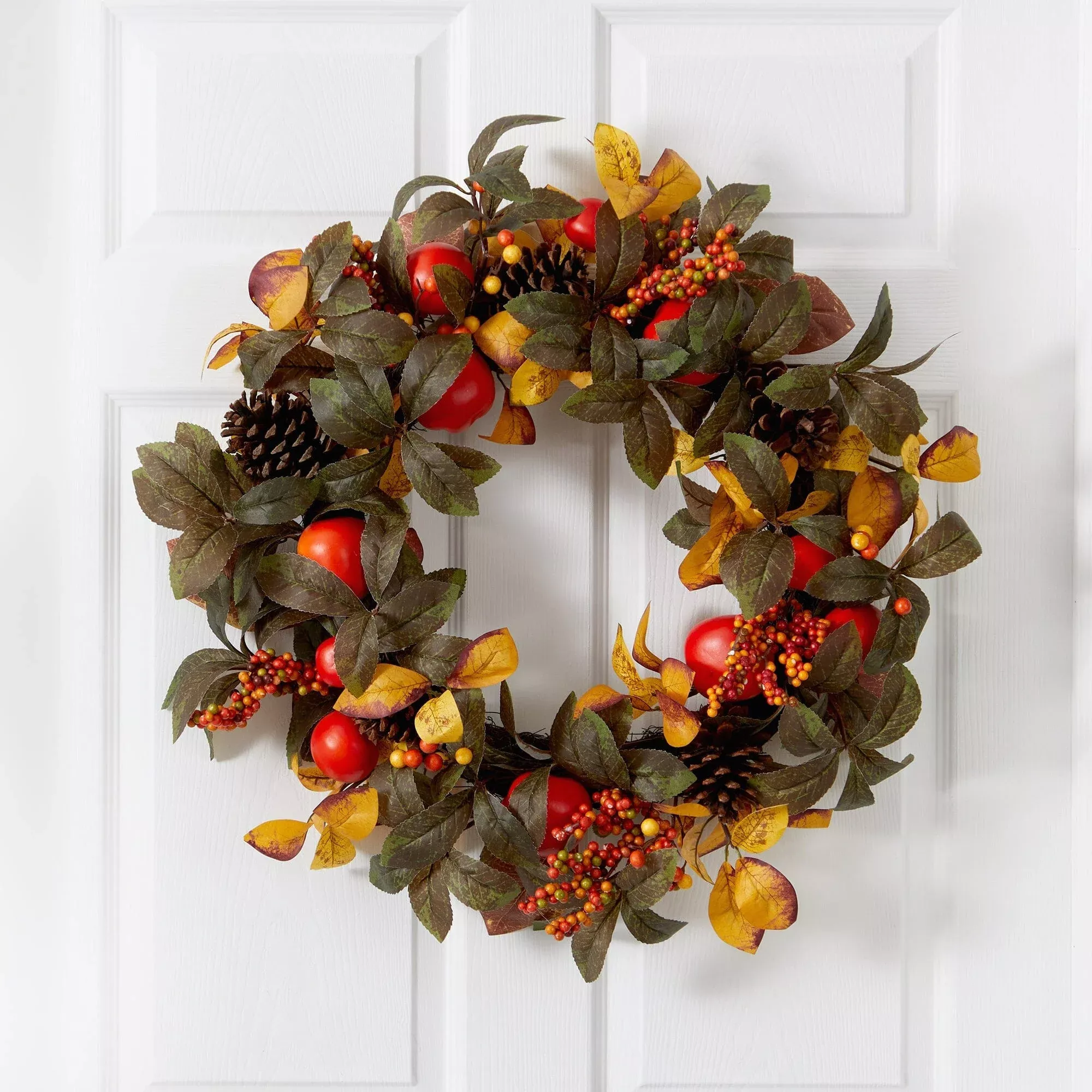 26” Autumn Persimmon and Pinecones Artificial Fall Wreath