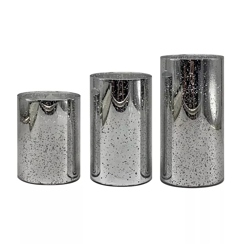 3-Pack Silver Mercury Glass LED Pillar Candles