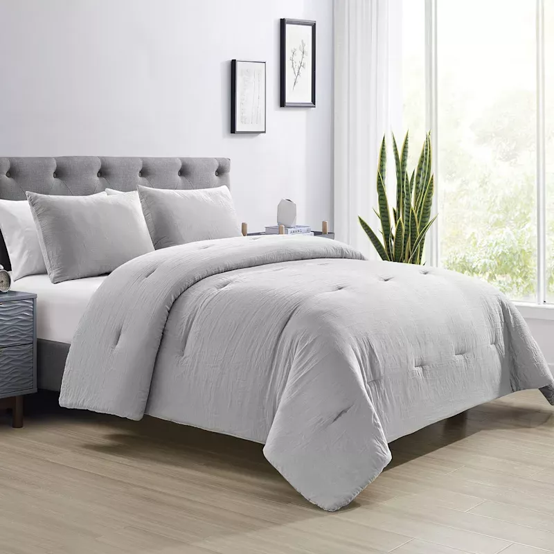 3-Piece Grey Textured Gauze Comforter Set, Queen