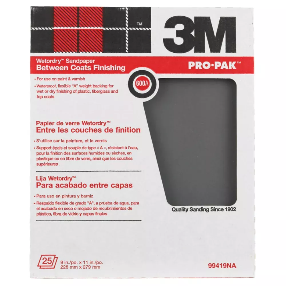 3M 99419NA Wet Or Dry Tri-M-Ite Paper Sheets 9'X11' Wet Or Dry 600A Grit Pack/25