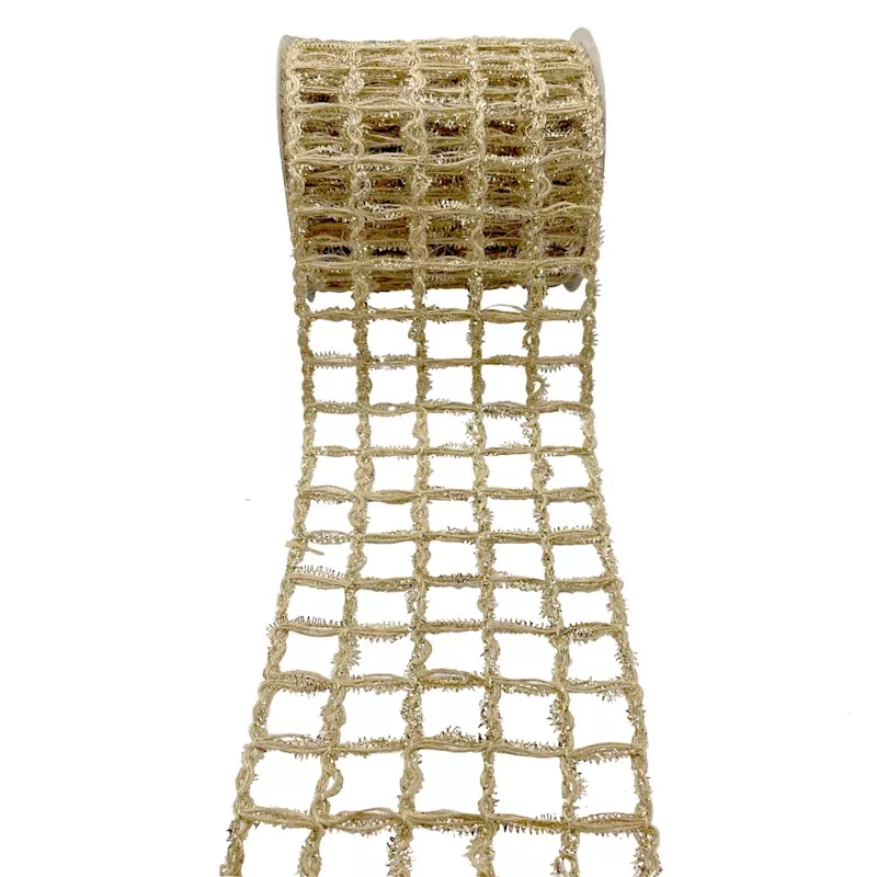 4" Natural & Gold Knit Lattice Ribbon, 5yd