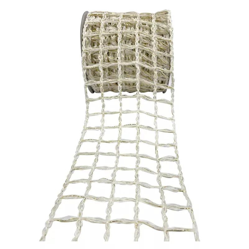 4" White & Gold Knit Lattice Ribbon, 5 Yd