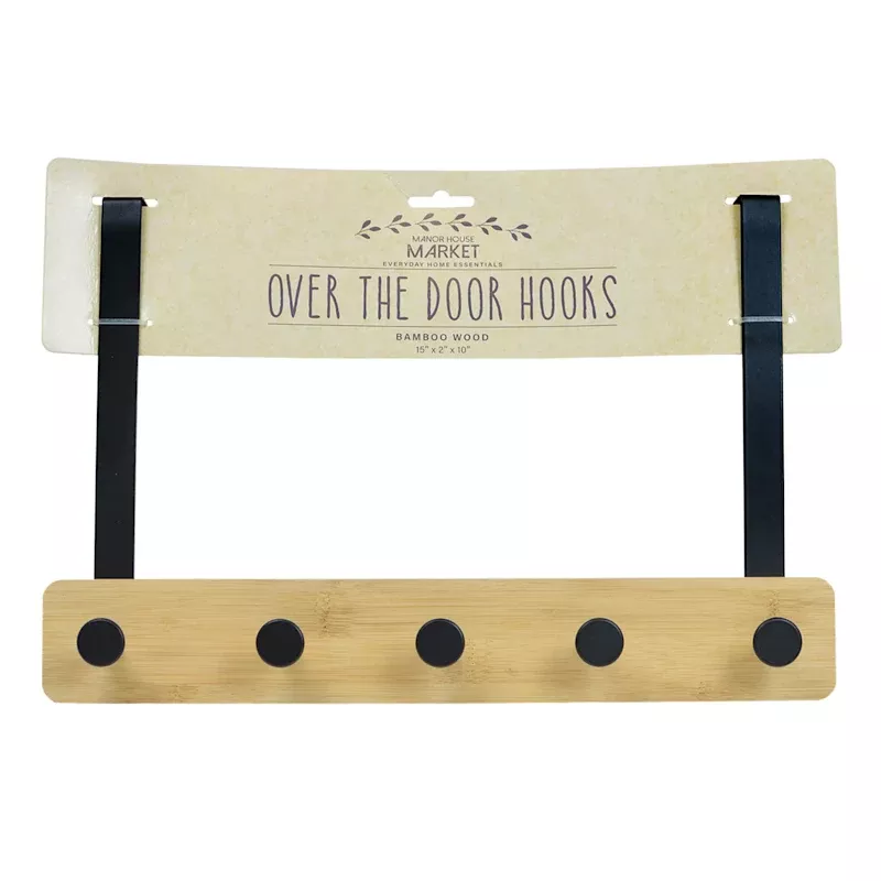 5-Hook Black Metal with Bamboo Wood Over the Door Hanger
