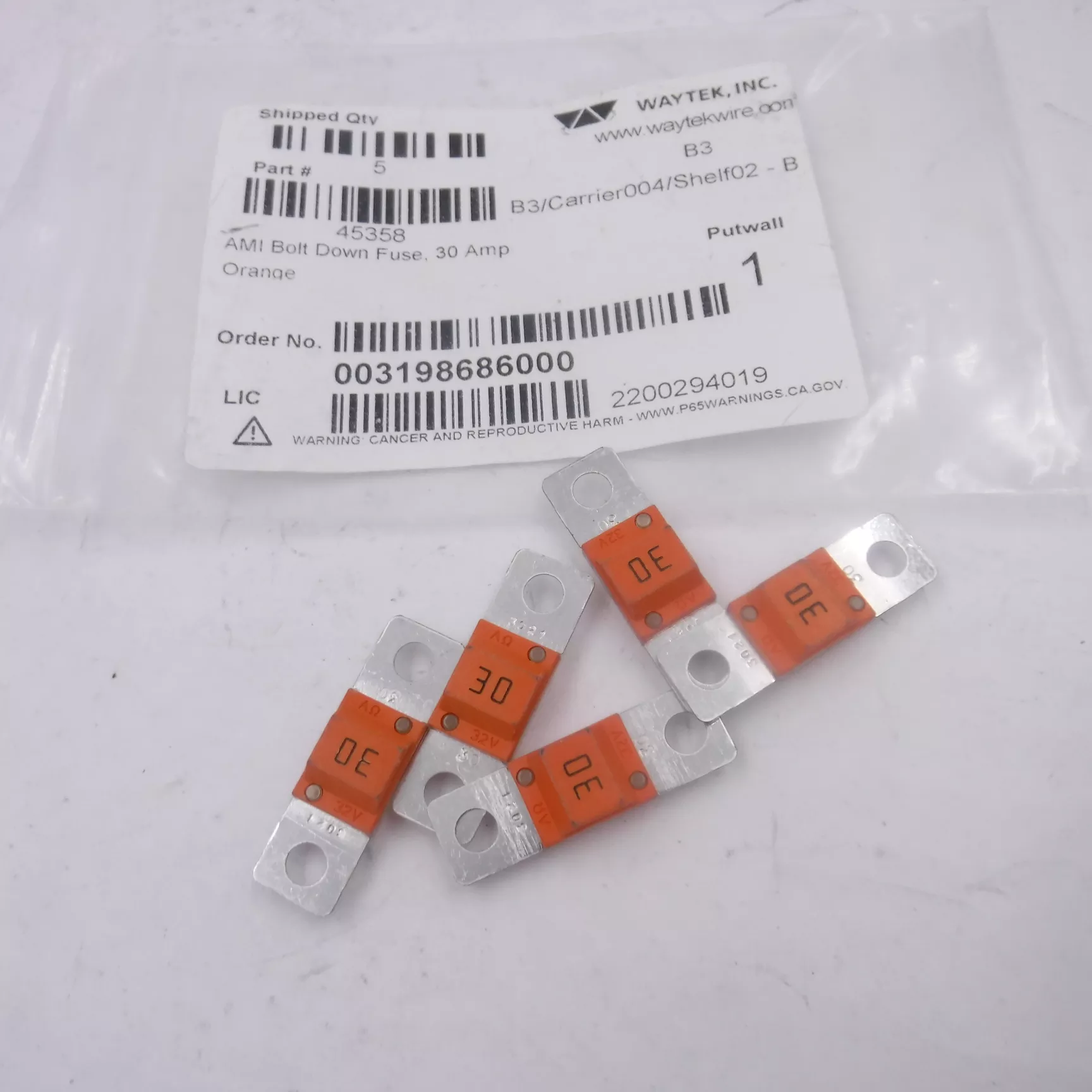 5 Pack Eaton Bussmann Series AMI-30 Bolt Down Fuses, 30A, 32VDC, Orange