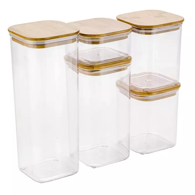 5-Piece Clear Square Canister with Bamboo Lid