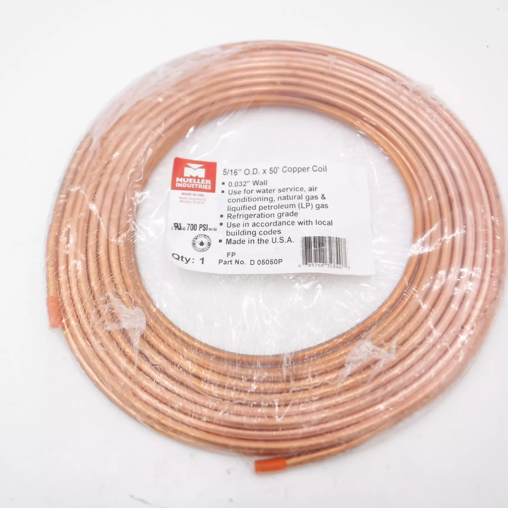 50′ x 5/16″ OD Mueller Industries Refrigeration Copper Coil Tube D05050P