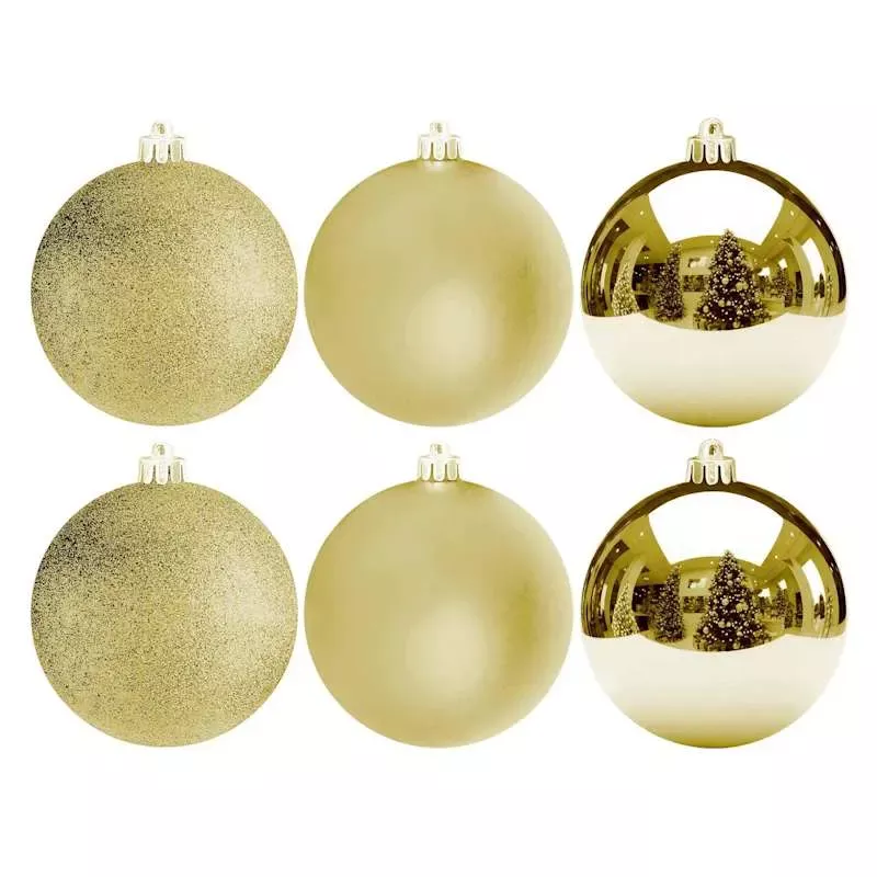 6-Count Gold Mix Shatterproof Ornaments, 100mm