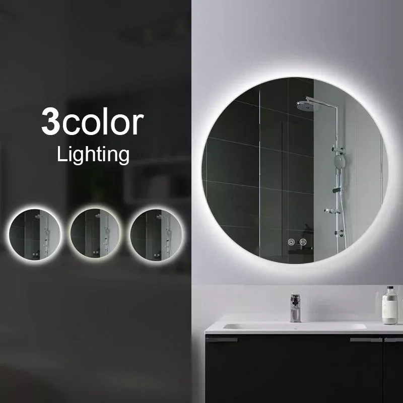 600mm Round 3 Color Lighting Backlit LED Mirror Touch Sensor Switch Defogger Pad Wall Mounted – Lighting on the back