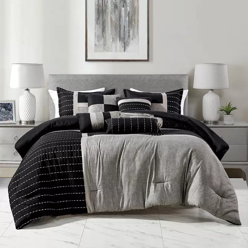 7-Piece Finley Black & Grey Striped Comforter Set, King