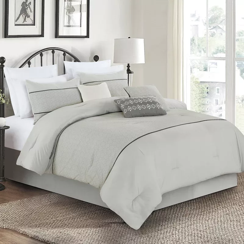 7-Piece Grey Embellished Geo Comforter Set, Queen