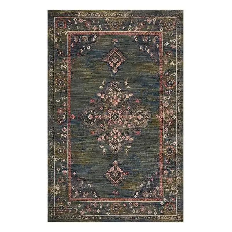 (A466) Jewel Green Medallion Area Rug, 5x8