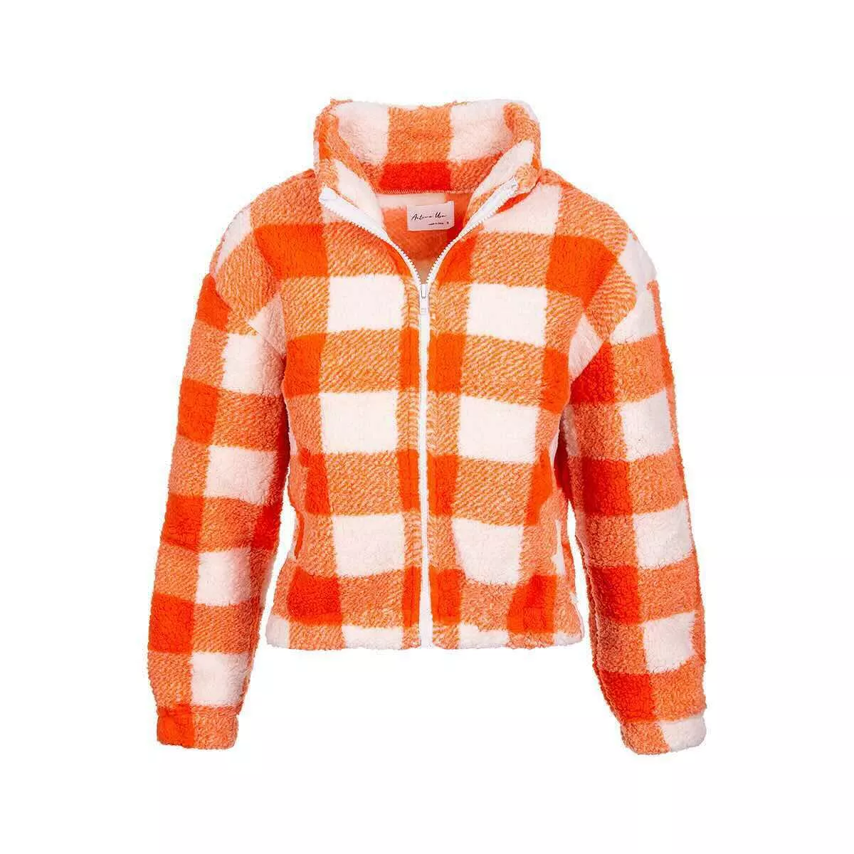 Active Basics Women's Mock Neck Plaid Faux Fur Long Sleeve Jacket