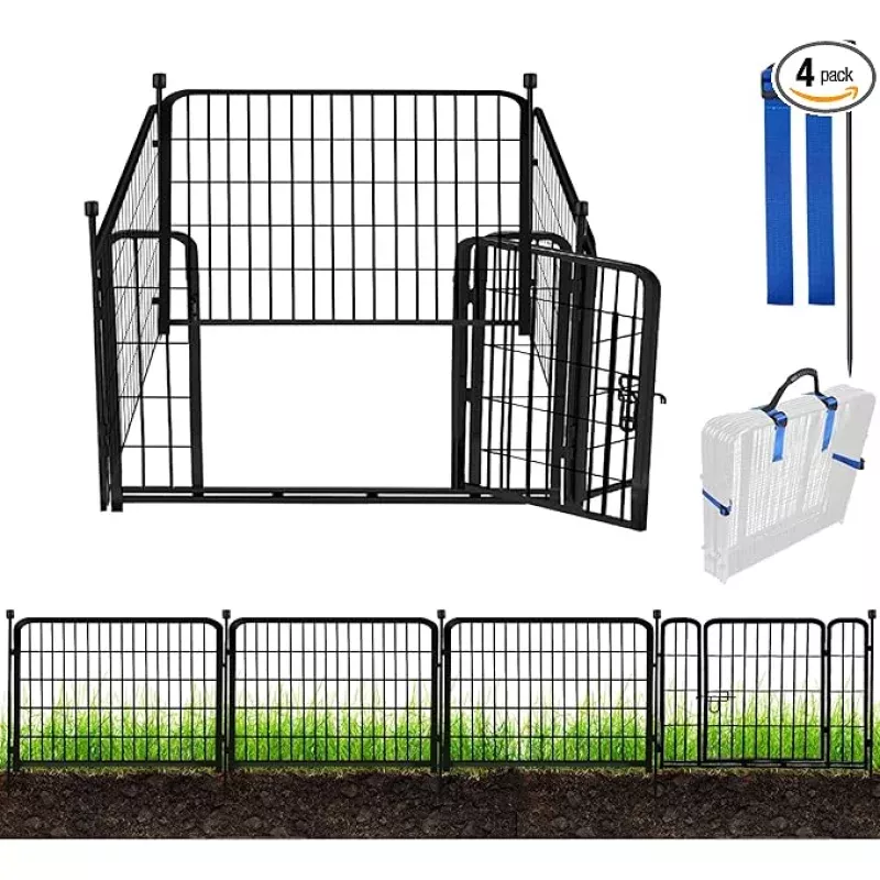 ADAVIN 24 in(H) Garden Fence with Gate, 4 Panels Total 9.8 Ft(L), Heavy Duty Iron Metal Animal Barrier Fence, Camping Fence, No Dig Garden Border Fencing for Yard