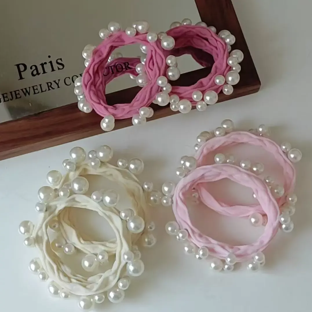 Adorro - Textured Seamless Pearl Hair Tie Set, Pink