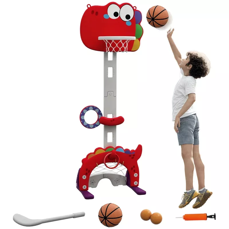 AIYAPLAY 5-in-1 Basketball Set With Adjustable 96-130 Cm Height Red