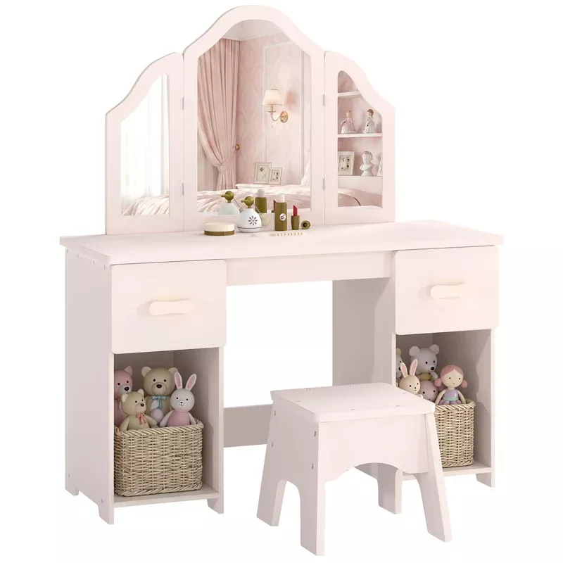AIYAPLAY Kids Vanity Table And Chair Set With Tri-folding Mirror For 3+