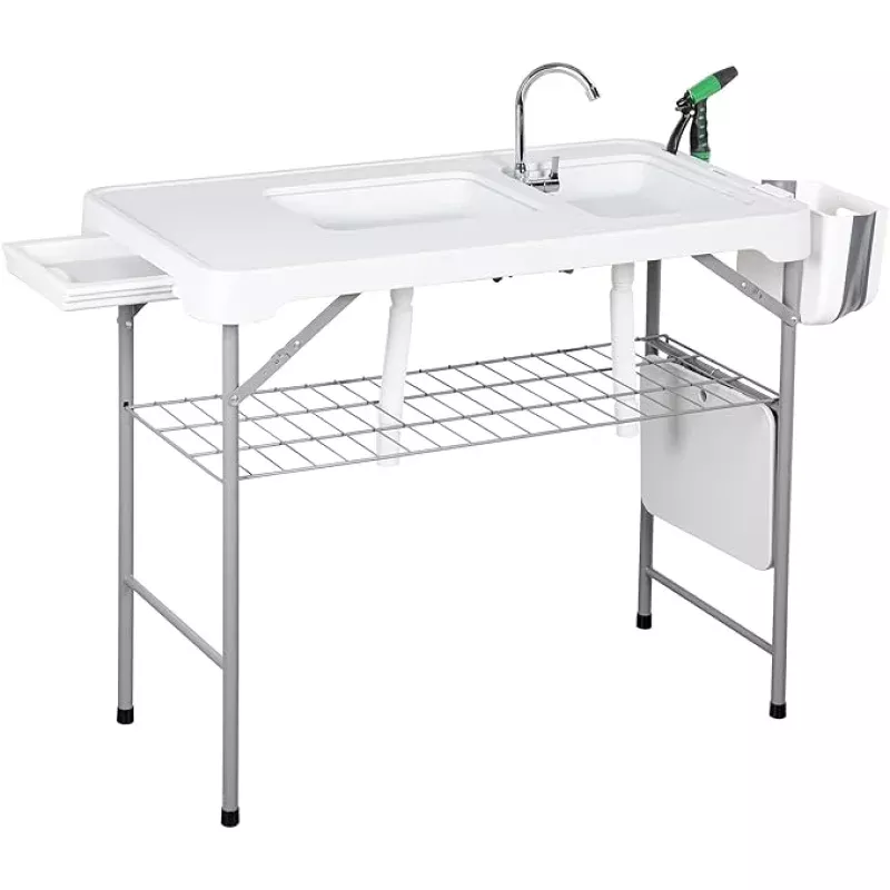 Allpop Fish Cleaning Table with 2 Sinks & Grid Rack, 42.5” Portable Folding Camping Fish Station with Foldable Faucet, Drainage Hose, Sprayer, Storage Box, Drawer & Grooves for Picnic, White