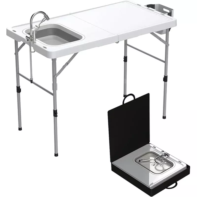 Allpop Fold-in-Half Fish Cleaning Table with Sink & Carrying Bag, 50” Portable Folding Camping Fish Station with Drainage Hose, Faucet, Sprayer, Storage Box & Grooves for Picnic, White