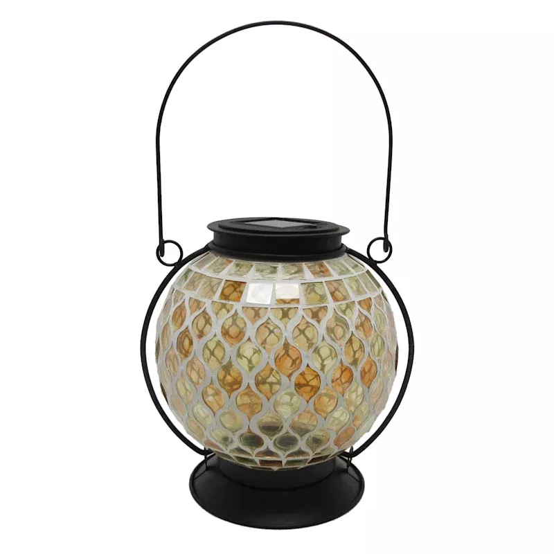 Amber Mosaic Glass Ball Outdoor Solar Lantern, 8"