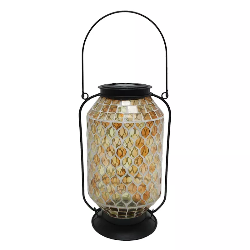Amber Mosaic Glass Outdoor Solar Lantern, 11"