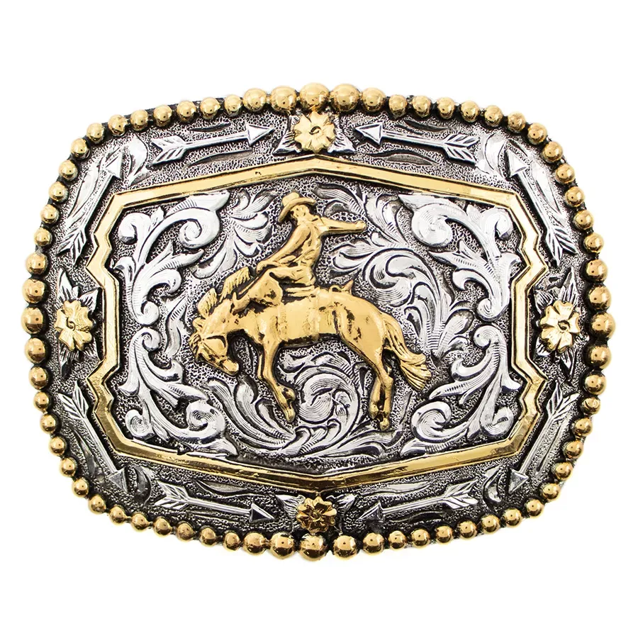 AndWest Bronc Rider Beaded Edge Buckle - Antique Gold/Silver