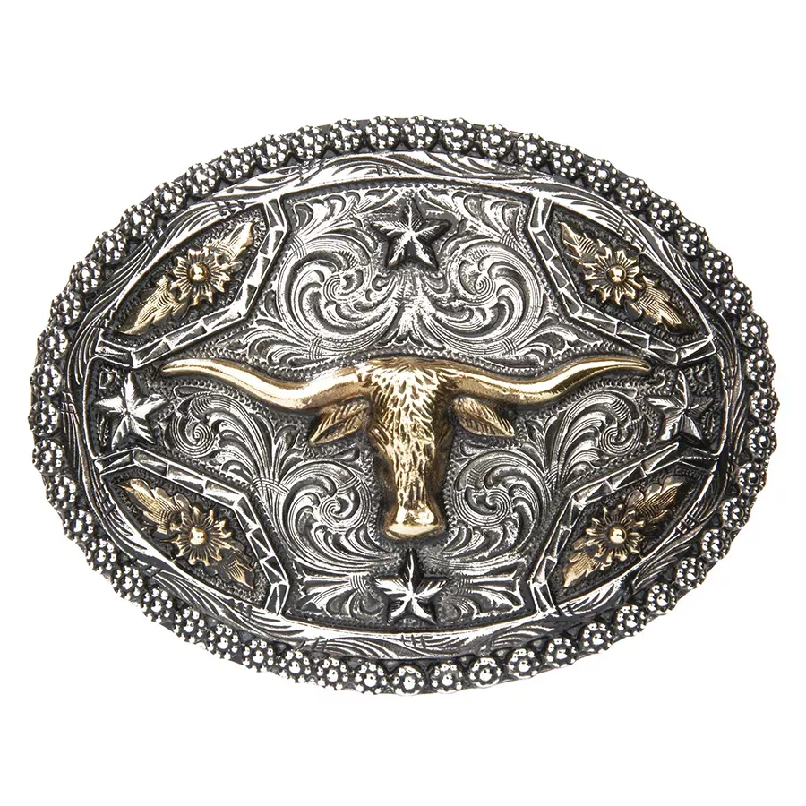 AndWest Longhorn with Stars Buckle - Antique Gold/Silver